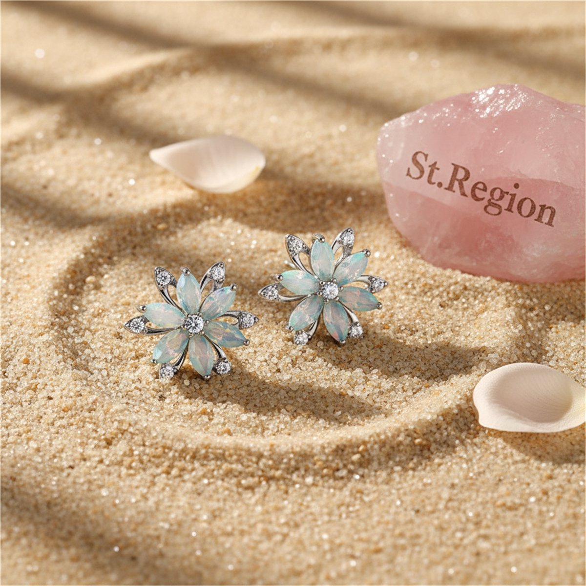 Light Blue Crystal and Cubic Zirconia Lotus Flower Stud Earrings, cubic zirconia stud earrings for women, detail close-up