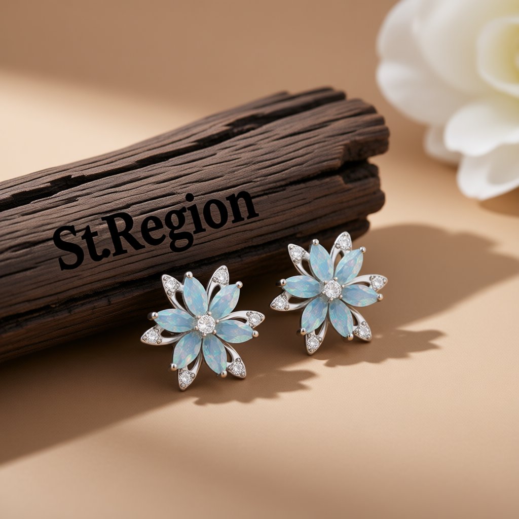 Light Blue Crystal and Cubic Zirconia Lotus Flower Stud Earrings, cubic zirconia stud earrings for women, front view