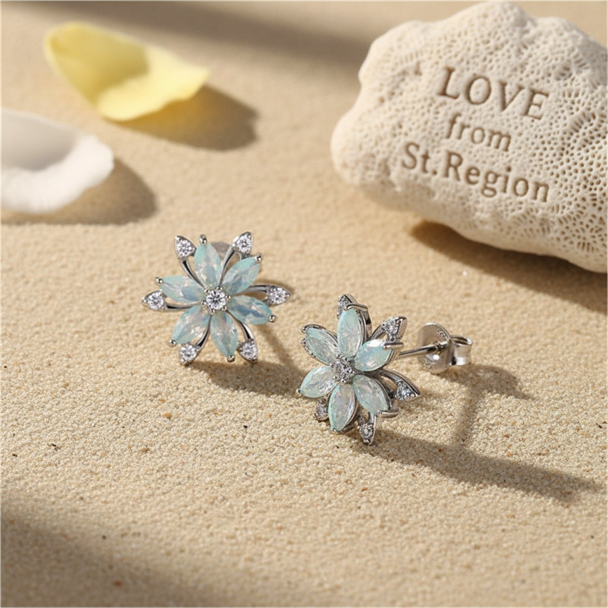 Light Blue Crystal and Cubic Zirconia Lotus Flower Stud Earrings, cubic zirconia stud earrings for women, lifestyle look