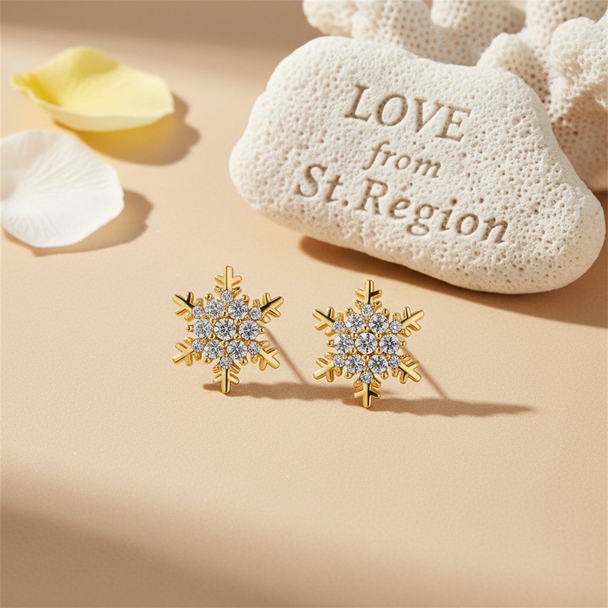 Cubic Zirconia and 18K Gold-Plated Snowflake Stud Earrings, gold stud earrings for women, lifestyle look