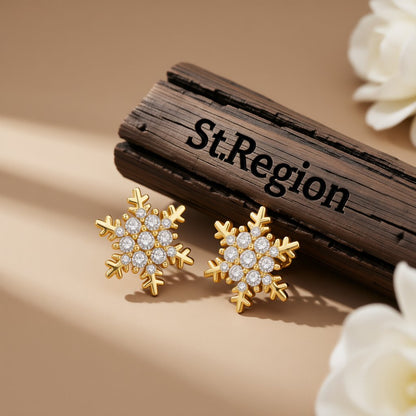 Cubic Zirconia and 18K Gold-Plated Snowflake Stud Earrings, gold stud earrings for women, vintage-inspired design, front view