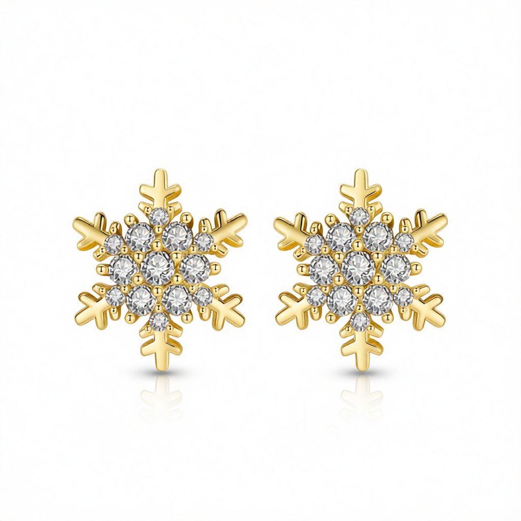 Cubic Zirconia and 18K Gold-Plated Snowflake Stud Earrings, gold stud earrings for women, vintage-inspired design, side view