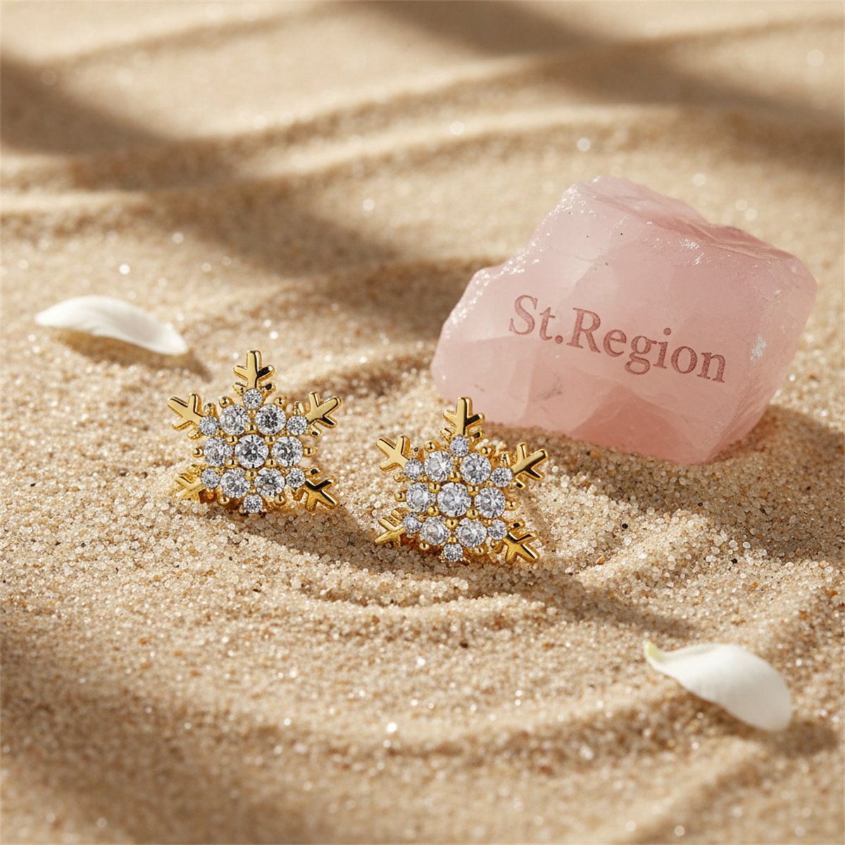 Cubic Zirconia and 18K Gold-Plated Snowflake Stud Earrings, gold stud earrings for women, detail close-up