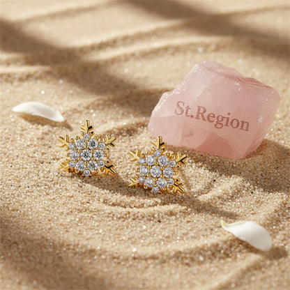 Cubic Zirconia and 18K Gold-Plated Snowflake Stud Earrings, gold stud earrings for women, detail close-up