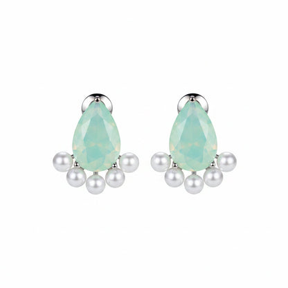 Blue Crystal and Pearl Silver-Plated Stud Earrings, silver stud earrings for women, vintage-inspired design, side view