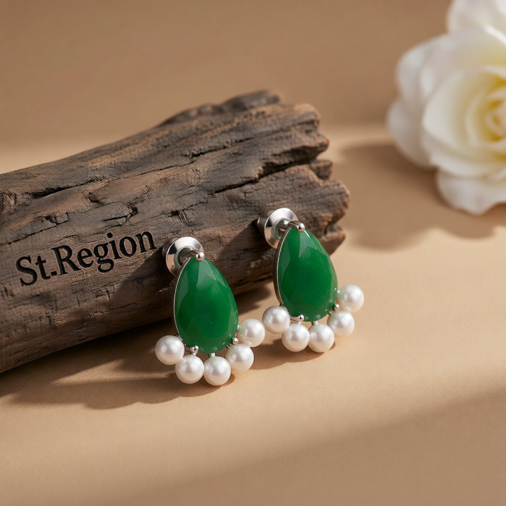 Green Crystal and Pearl Silver-Plated Teardrop Stud Earrings, cubic zirconia stud earrings for women, front view