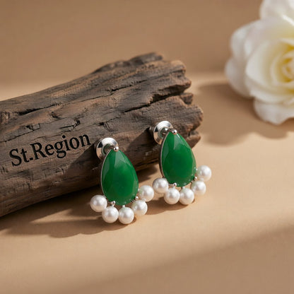 Green Crystal and Pearl Silver-Plated Teardrop Stud Earrings, cubic zirconia stud earrings for women, front view