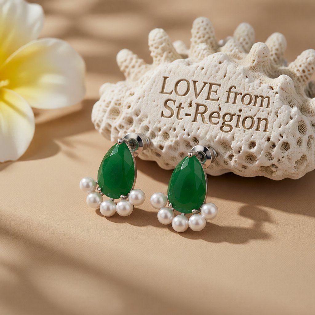 Green Crystal and Pearl Silver-Plated Teardrop Stud Earrings, cubic zirconia stud earrings for women, lifestyle look