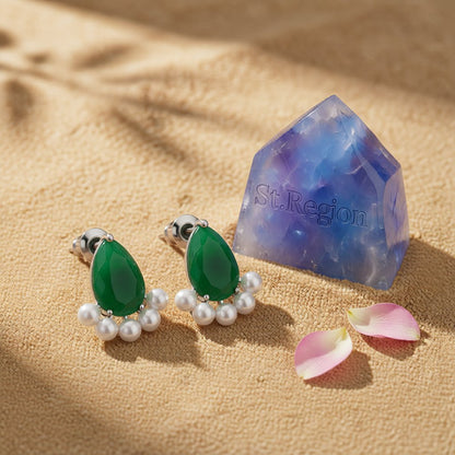 Green Crystal and Pearl Silver-Plated Teardrop Stud Earrings, cubic zirconia stud earrings for women, detail close-up