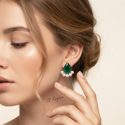 Green Crystal and Pearl Silver-Plated Teardrop Stud Earrings, cubic zirconia stud earrings for women, styled look