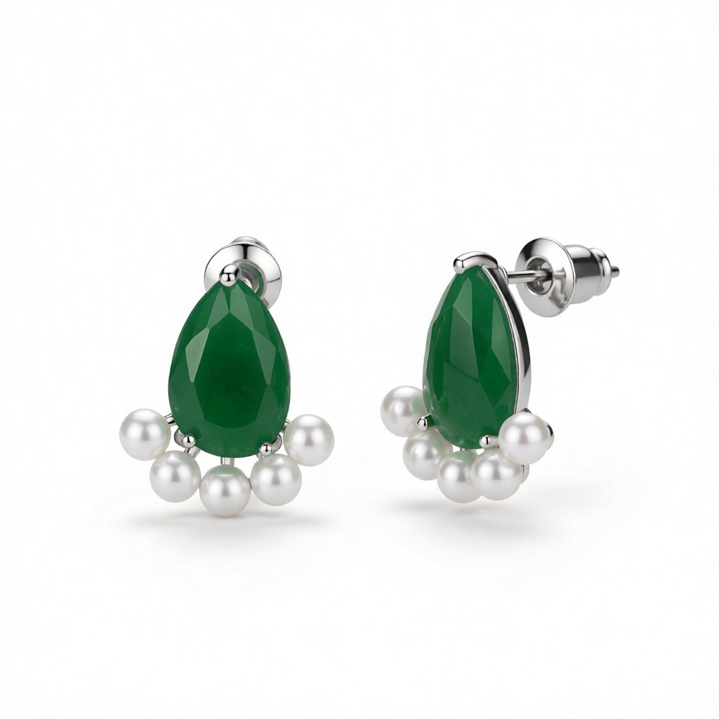 Green Crystal and Pearl Silver-Plated Teardrop Stud Earrings, cubic zirconia stud earrings for women, side view