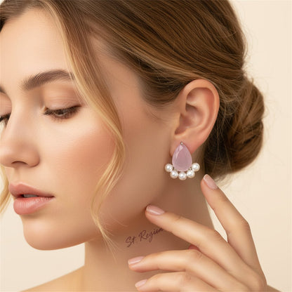 Pink Crystal and Pearl Silver-Plated Teardrop Stud Earrings, cubic zirconia stud earrings for women, styled look