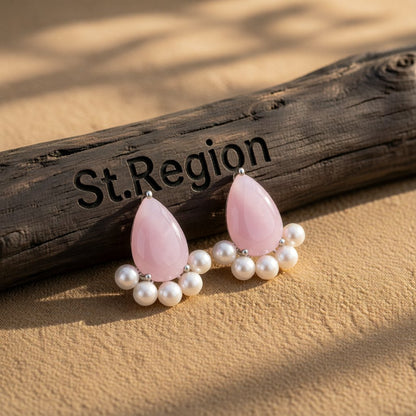 Pink Crystal and Pearl Silver-Plated Teardrop Stud Earrings, cubic zirconia stud earrings for women, front view
