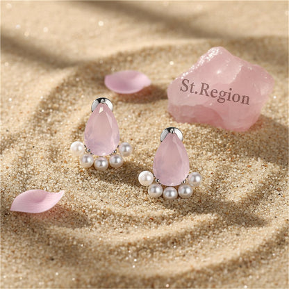 Pink Crystal and Pearl Silver-Plated Teardrop Stud Earrings, cubic zirconia stud earrings for women, detail close-up