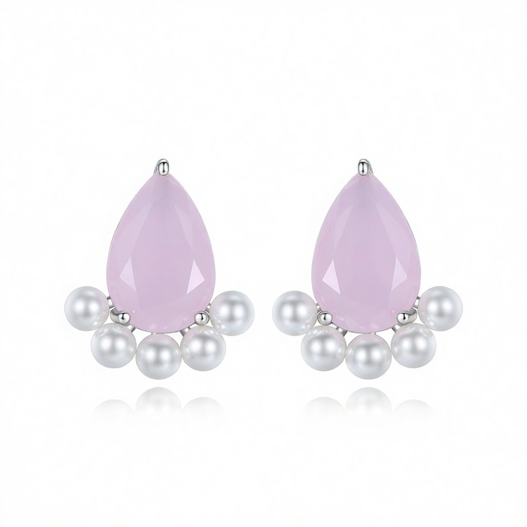 Pink Crystal and Pearl Silver-Plated Teardrop Stud Earrings, cubic zirconia stud earrings for women, side view