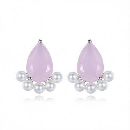 Pink Crystal and Pearl Silver-Plated Teardrop Stud Earrings, cubic zirconia stud earrings for women, side view