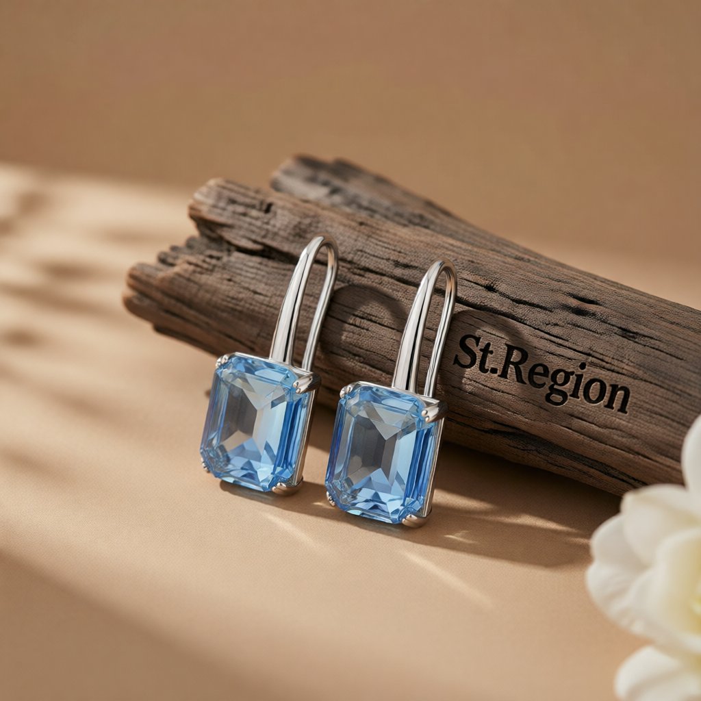 Blue Crystal and Silver-Plated Emerald-Cut Drop Earrings, silver drop earrings for women, elegant gift for her, front view