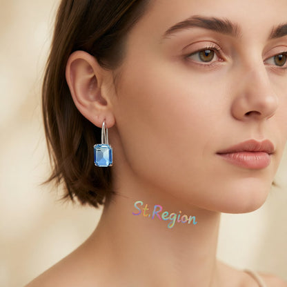 Blue Crystal and Silver-Plated Emerald-Cut Drop Earrings, silver drop earrings for women, elegant gift for her, styled look