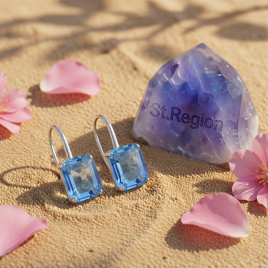 Blue Crystal and Silver-Plated Emerald-Cut Drop Earrings, silver drop earrings for women, detail close-up