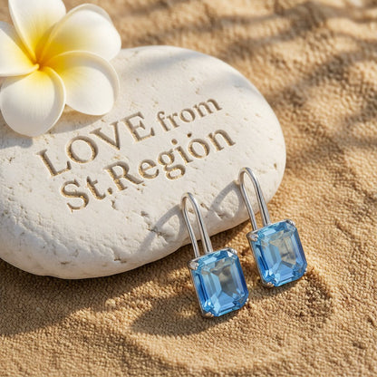 Blue Crystal and Silver-Plated Emerald-Cut Drop Earrings, silver drop earrings for women, lifestyle look