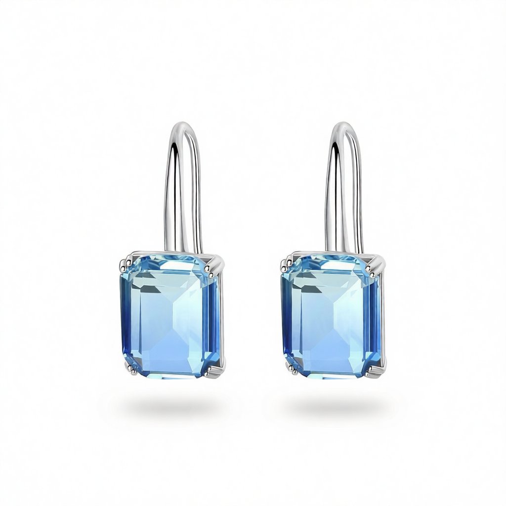Blue Crystal and Silver-Plated Emerald-Cut Drop Earrings, silver drop earrings for women, elegant gift for her, side view
