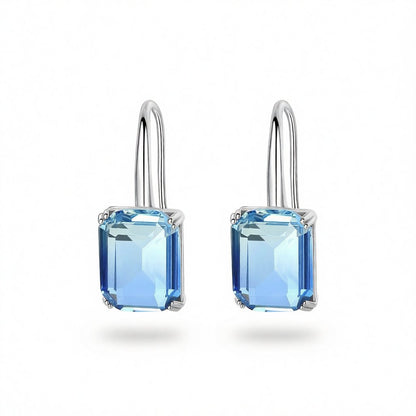 Blue Crystal and Silver-Plated Emerald-Cut Drop Earrings, silver drop earrings for women, elegant gift for her, side view