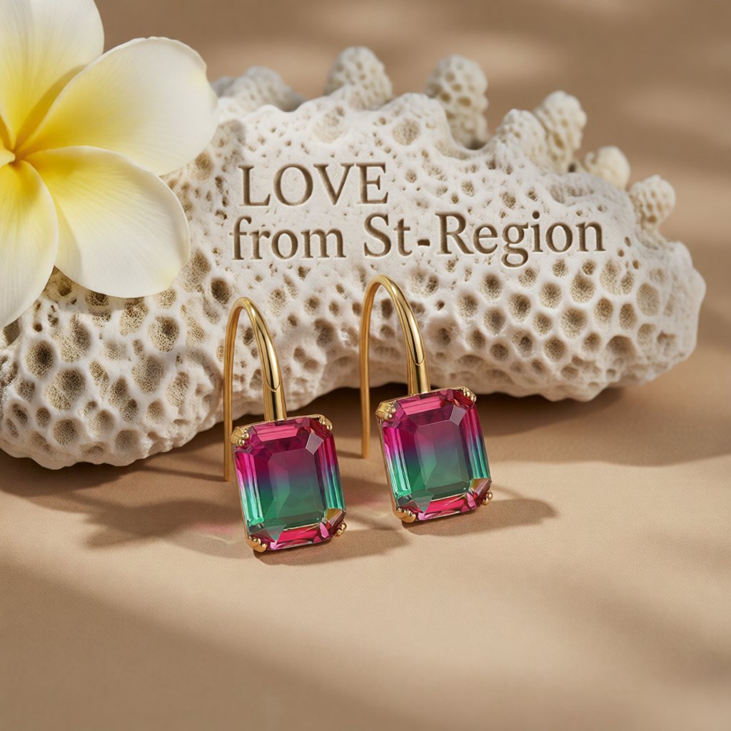Green and Pink Crystal Emerald-Cut Drop Earrings, drop earrings for women, elegant gift for her, lifestyle look