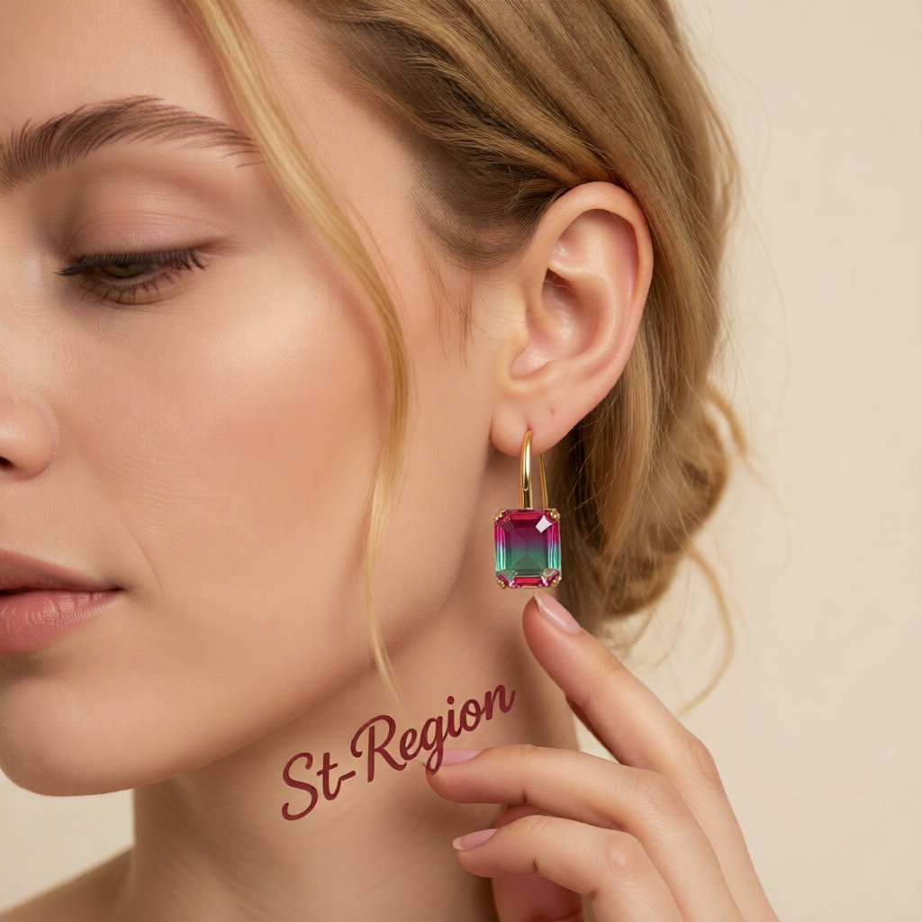 Green and Pink Crystal Emerald-Cut Drop Earrings, drop earrings for women, elegant gift for her, styled look
