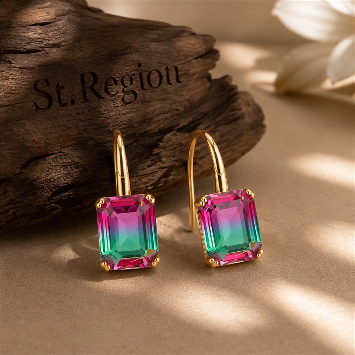 Green and Pink Crystal Emerald-Cut Drop Earrings, drop earrings for women, elegant gift for her, front view