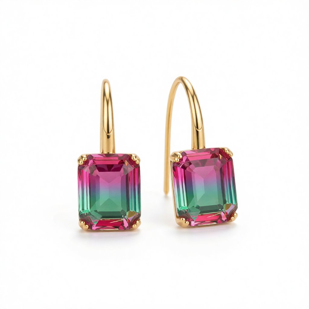 Green and Pink Crystal Emerald-Cut Drop Earrings, drop earrings for women, elegant gift for her, side view