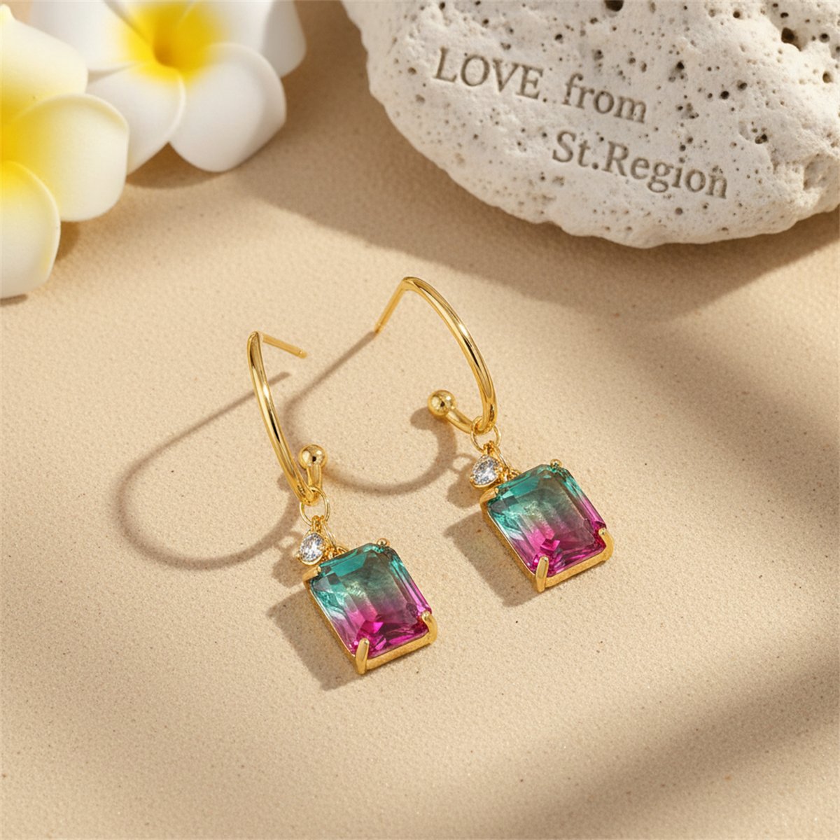 Green Crystal and Cubic Zirconia Dangle Hoop Earrings, drop earrings for women, everyday style, lifestyle look