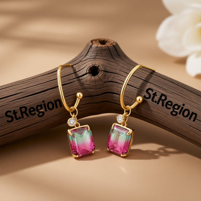 Green Crystal and Cubic Zirconia Dangle Hoop Earrings, drop earrings for women, everyday style, front view