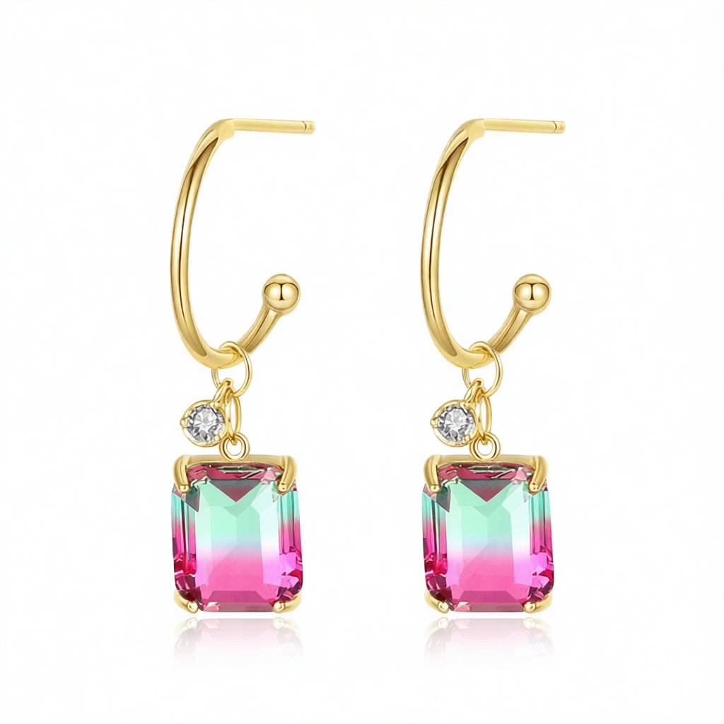 Green Crystal and Cubic Zirconia Dangle Hoop Earrings, drop earrings for women, everyday style, side view