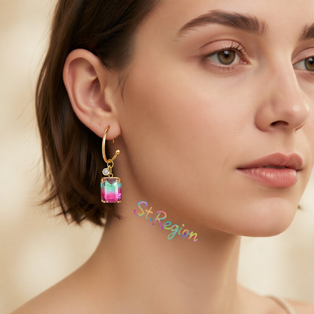 Green Crystal and Cubic Zirconia Dangle Hoop Earrings, drop earrings for women, everyday style, styled look