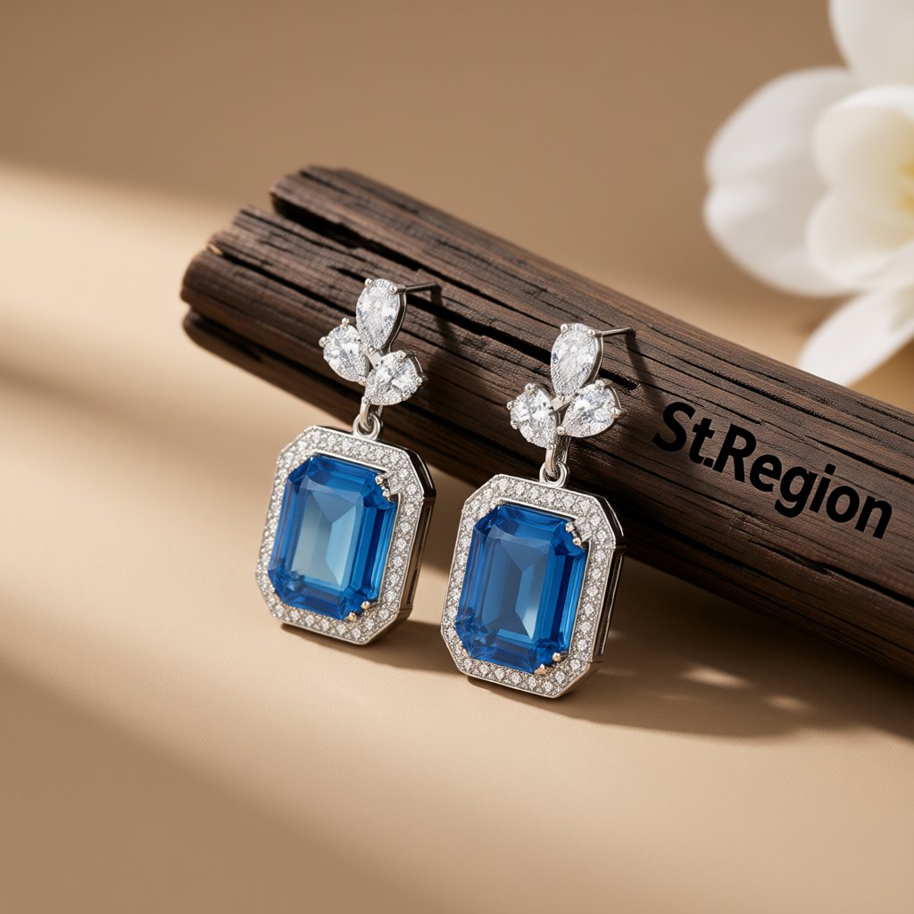 Blue Multicolor Crystal and Cubic Zirconia Drop Earrings, drop earrings for women, elegant gift for her, front view