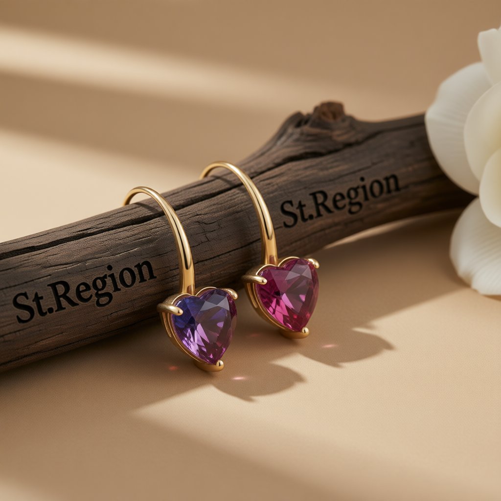 Pink Crystal and 18K Gold-Plated Heart Drop Earrings, gold drop earrings for women, vintage-inspired design, front view