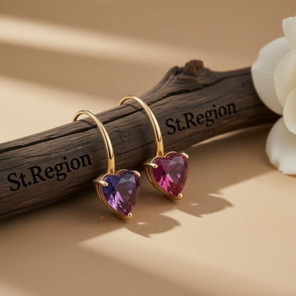 Pink Crystal and 18K Gold-Plated Heart Drop Earrings, gold drop earrings for women, vintage-inspired design, front view