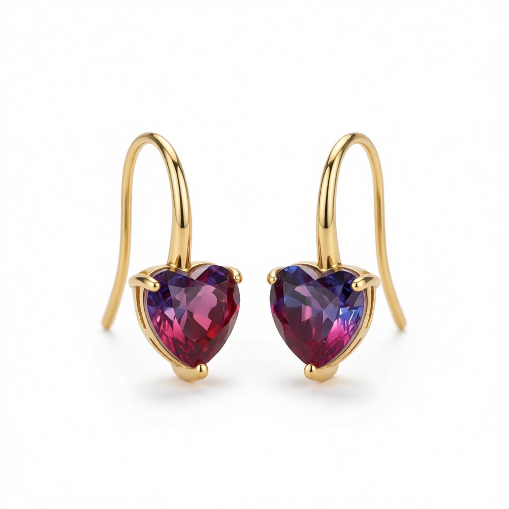 Pink Crystal and 18K Gold-Plated Heart Drop Earrings, gold drop earrings for women, vintage-inspired design, side view