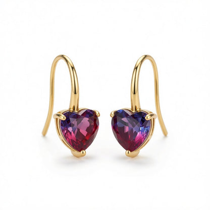 Pink Crystal and 18K Gold-Plated Heart Drop Earrings, gold drop earrings for women, vintage-inspired design, side view