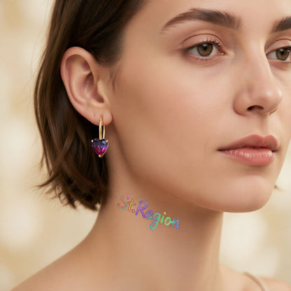 Pink Crystal and 18K Gold-Plated Heart Drop Earrings, gold drop earrings for women, vintage-inspired design, styled look