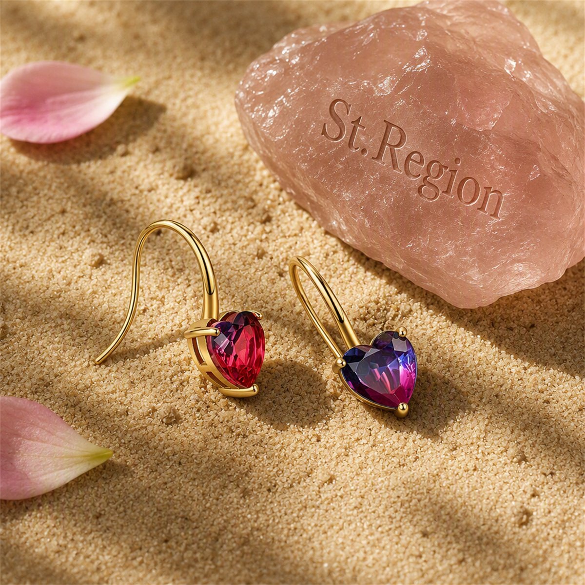 Pink Crystal and 18K Gold-Plated Heart Drop Earrings, gold drop earrings for women, vintage-inspired design, detail close-up