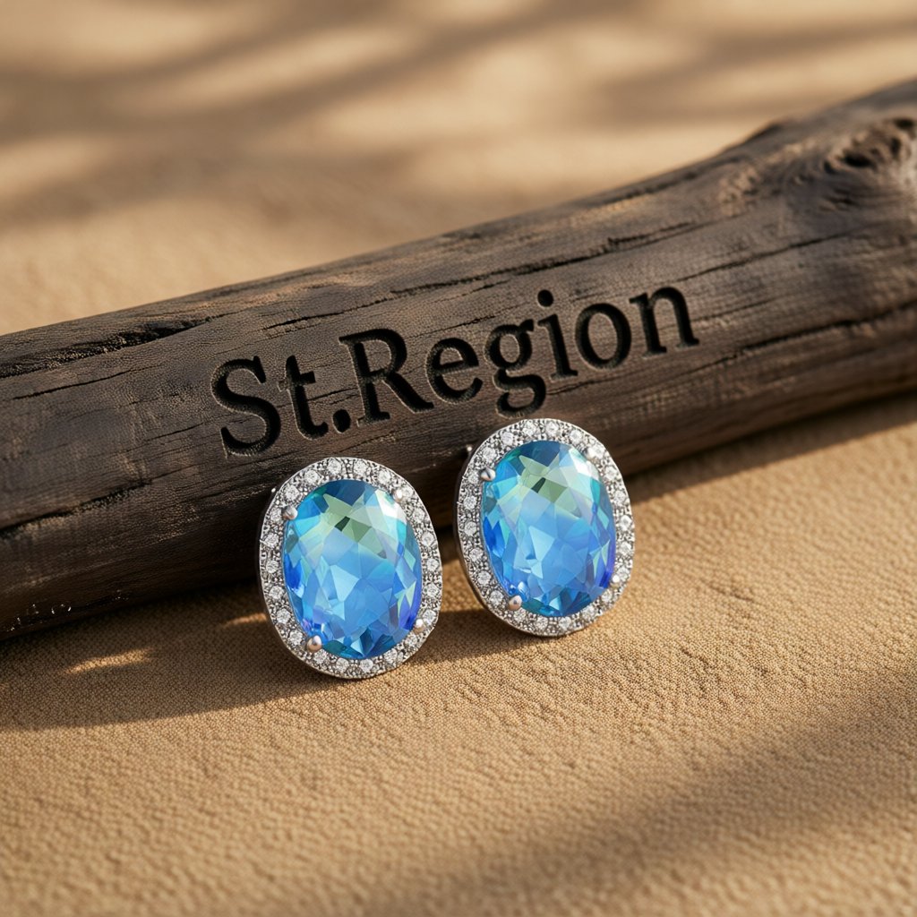 Blue Crystal and Cubic Zirconia Oval Stud Earrings, stud earrings for women, everyday style, front view