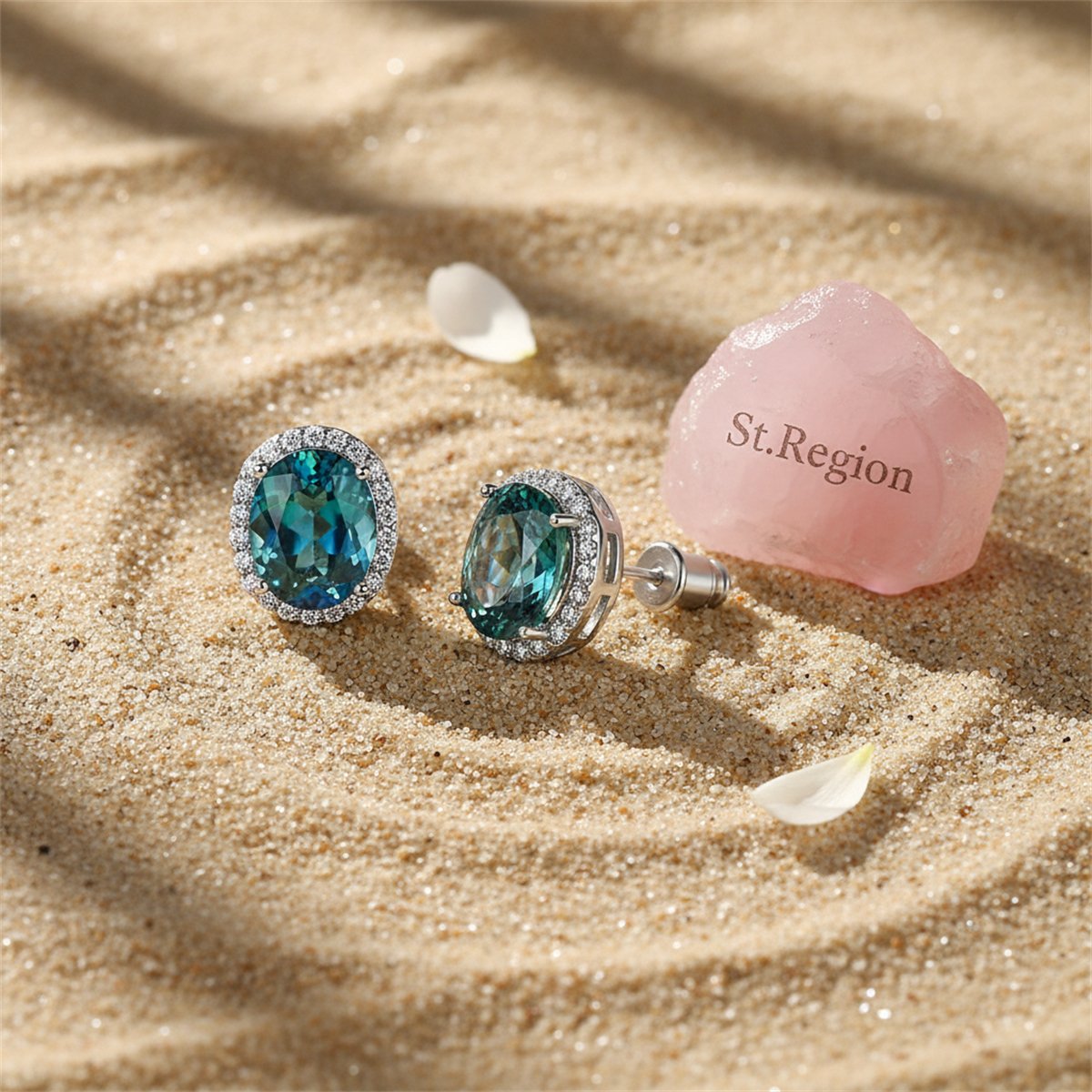 Blue Crystal and Cubic Zirconia Oval Stud Earrings, stud earrings for women, everyday style, detail close-up