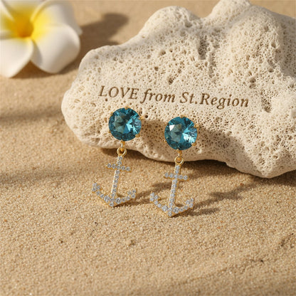 Blue Crystal and Cubic Zirconia 18K Gold-Plated Anchor Drop Earrings, gold drop earrings for women, lifestyle look