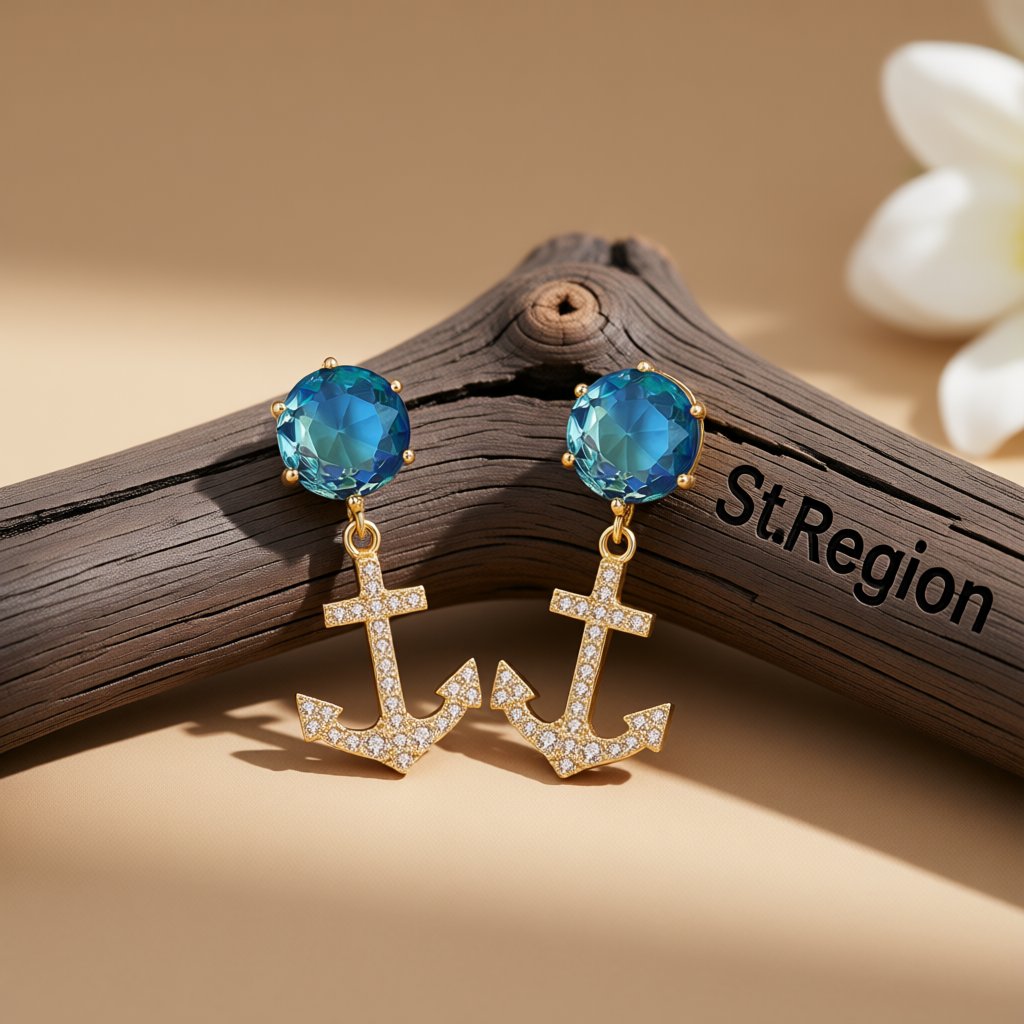 Blue Crystal and Cubic Zirconia 18K Gold-Plated Anchor Drop Earrings, gold drop earrings for women, front view