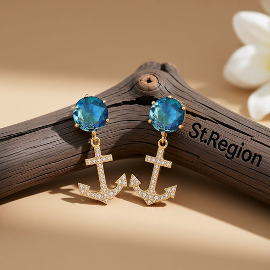 Blue Crystal and Cubic Zirconia 18K Gold-Plated Anchor Drop Earrings, gold drop earrings for women, front view