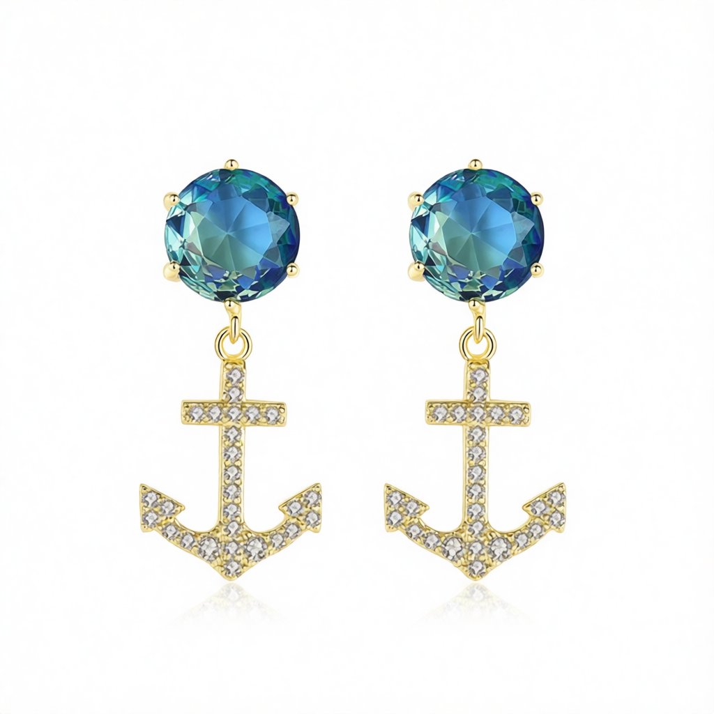 Blue Crystal and Cubic Zirconia 18K Gold-Plated Anchor Drop Earrings, gold drop earrings for women, side view