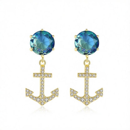 Blue Crystal and Cubic Zirconia 18K Gold-Plated Anchor Drop Earrings, gold drop earrings for women, side view