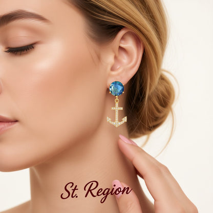 Blue Crystal and Cubic Zirconia 18K Gold-Plated Anchor Drop Earrings, gold drop earrings for women, styled look