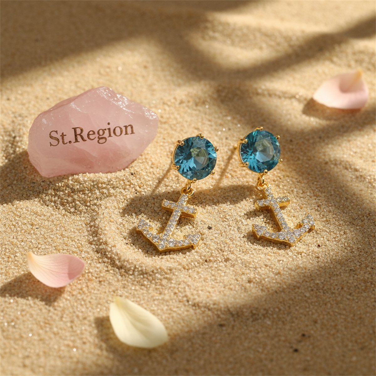 Blue Crystal and Cubic Zirconia 18K Gold-Plated Anchor Drop Earrings, gold drop earrings for women, detail close-up